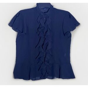 American Living Black Sheer Ruffle Short Sleeve Blouse Size L Button Up‎ Fairy